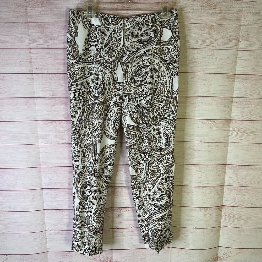 Calvin Klein Brown White Paisley Print Cropped Linen Rayon Blend Pants Size 2